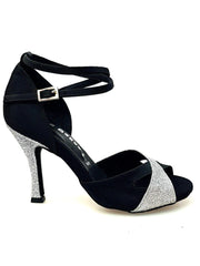 Load image into Gallery viewer, Wishdance Scarpa da donna in Raso Nero e Glitter Argento con Cinturino Doppio sulla Caviglia
