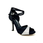 Load image into Gallery viewer, Wishdance Scarpa da donna in Raso Nero e Glitter Argento con Cinturino Doppio sulla Caviglia
