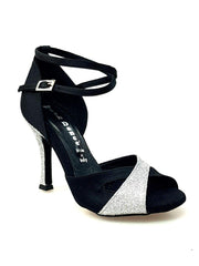 Load image into Gallery viewer, Wishdance Scarpa da donna in Raso Nero e Glitter Argento con Cinturino Doppio sulla Caviglia
