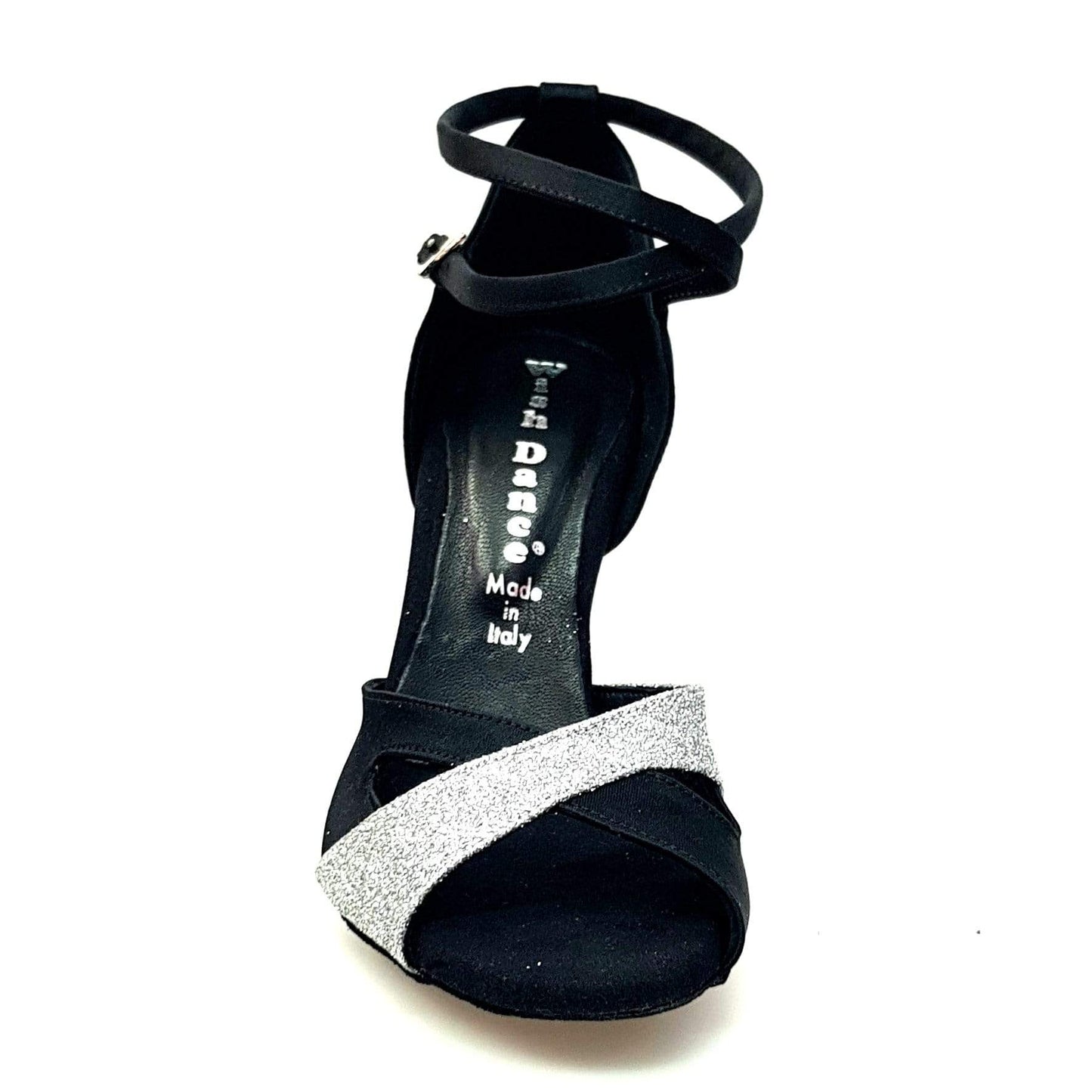 Scarpa donna Wishdance Ely QB in raso nero e glitter argento con cinturino doppio sulla caviglia e tacco rocchettino.
