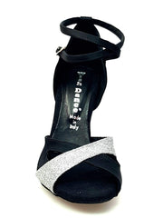 Load image into Gallery viewer, Wishdance Scarpa da donna in Raso Nero e Glitter Argento con Cinturino Doppio sulla Caviglia
