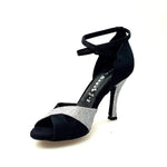 Load image into Gallery viewer, Wishdance Scarpa da donna in Raso Nero e Glitter Argento con Cinturino Doppio sulla Caviglia
