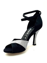 Load image into Gallery viewer, Wishdance Scarpa da donna in Raso Nero e Glitter Argento con Cinturino Doppio sulla Caviglia
