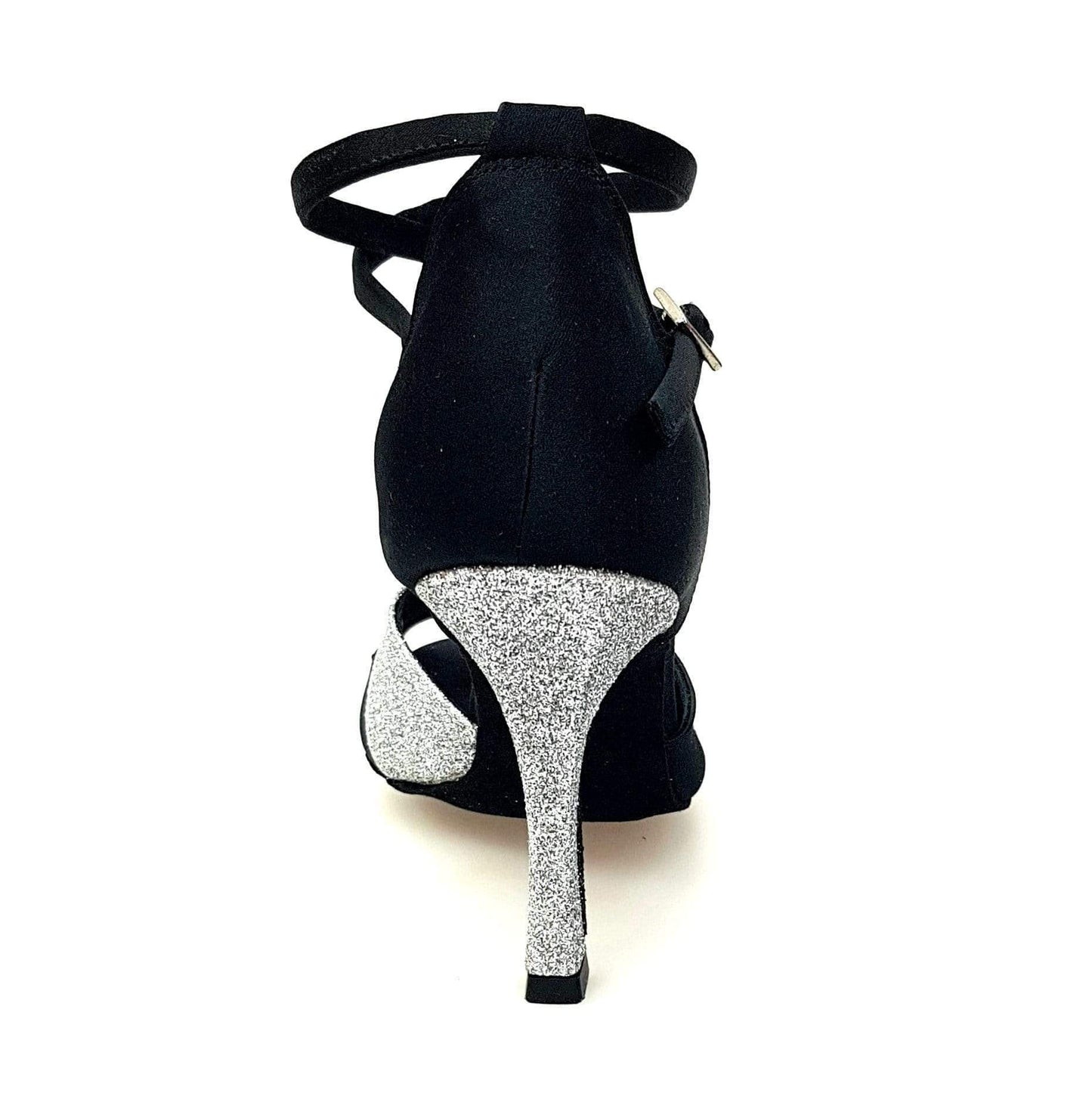 Scarpa da donna Wishdance Ely QB in raso nero e glitter argento con cinturino doppio sulla caviglia e tacco rocchetto.