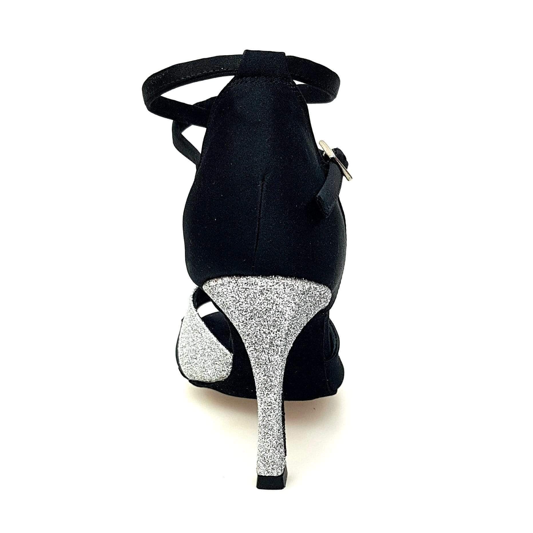 Scarpa da donna Wishdance Ely QB in raso nero e glitter argento con cinturino doppio sulla caviglia e tacco rocchetto.