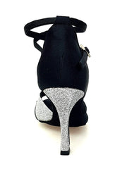 Load image into Gallery viewer, Wishdance Scarpa da donna in Raso Nero e Glitter Argento con Cinturino Doppio sulla Caviglia
