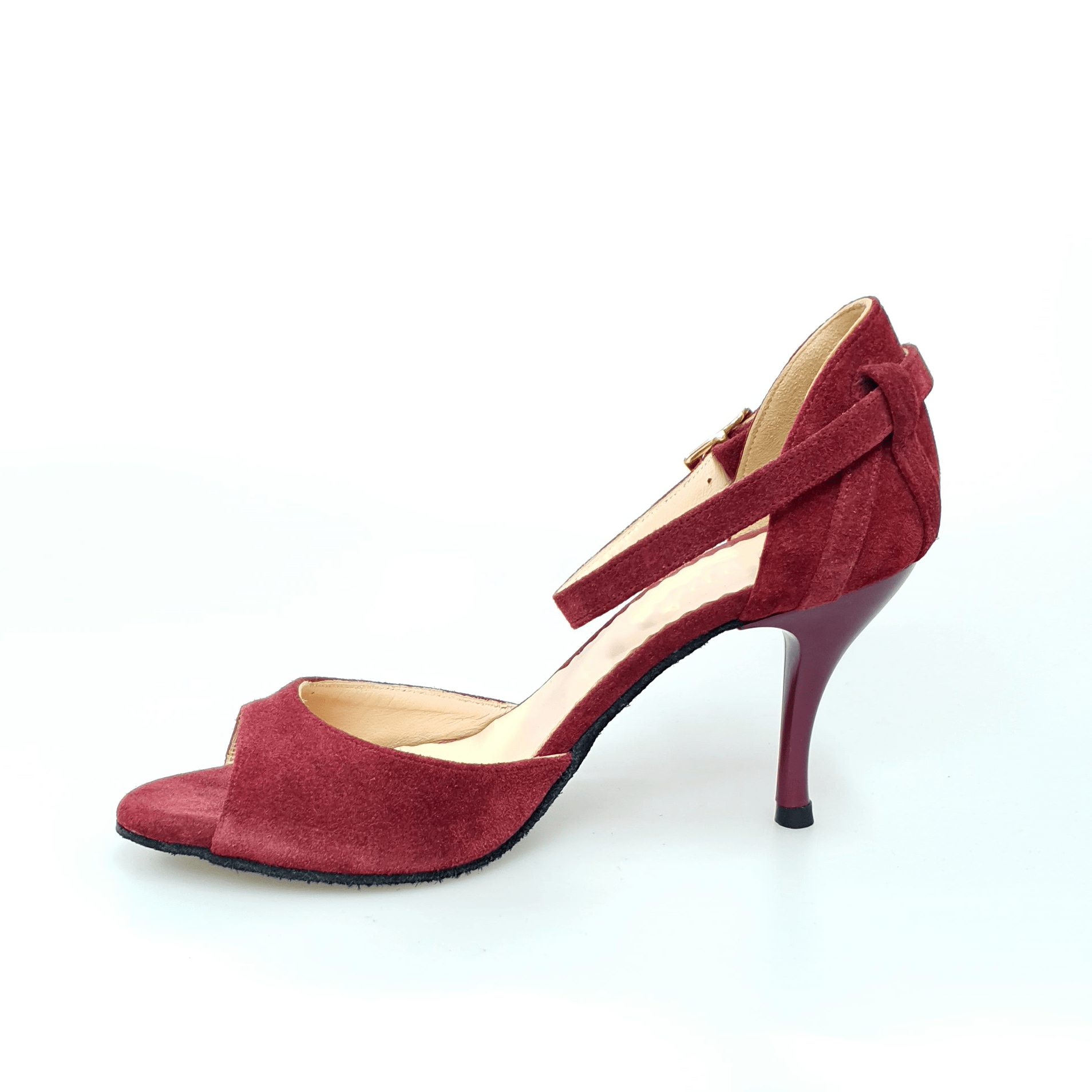 Scarpa in camoscio rosso Granada Bordeaux con tacco a spillo, scarpa elegante Outlet, vista frontale con dettagli del tacco