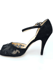 Load image into Gallery viewer, Wishdance Scarpa in Raso Laminato Nero con inserti in Pizzo e Tacco a Spillo

