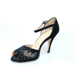 Carica immagine nella Galleria, Wishdance Scarpa in Raso Laminato Nero con inserti in Pizzo e Tacco a Spillo
