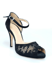 Load image into Gallery viewer, Wishdance Scarpa in Raso Laminato Nero con inserti in Pizzo e Tacco a Spillo
