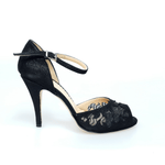 Carica immagine nella Galleria, Wishdance Scarpa in Raso Laminato Nero con inserti in Pizzo e Tacco a Spillo
