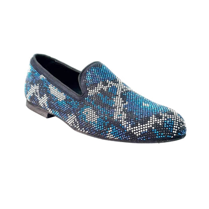 Scarpa Mocassino Uomo Wishdance Viper Blue in camoscio blu con Swarovski blu, bianco e nero, fondo micro antiscivolo