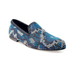Load image into Gallery viewer, Viper Blue (800PJ) - Men&#39;s Moccasin in Blue Suede with Blue White and Black Swarovski Micro Bottom
