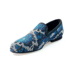 Load image into Gallery viewer, Viper Blue (800PJ) - Men&#39;s Moccasin in Blue Suede with Blue White and Black Swarovski Micro Bottom
