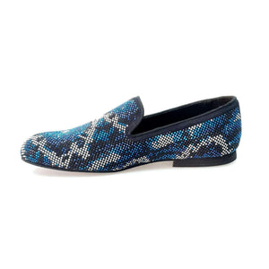 Viper Blue (800PJ) - Men's Moccasin in Blue Suede with Blue White and Black Swarovski Micro Bottom