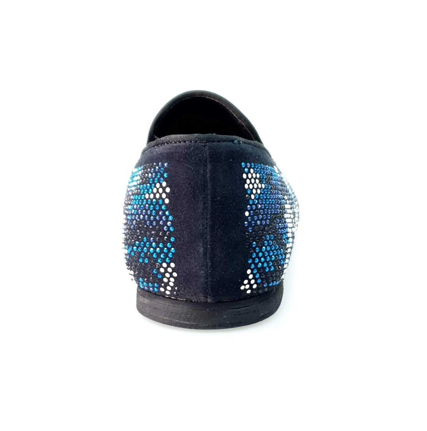 Scarpa mocassino Wishdance Viper Blue in camoscio blu con dettagli Swarovski blu, bianco e nero, fondo micro elegante.