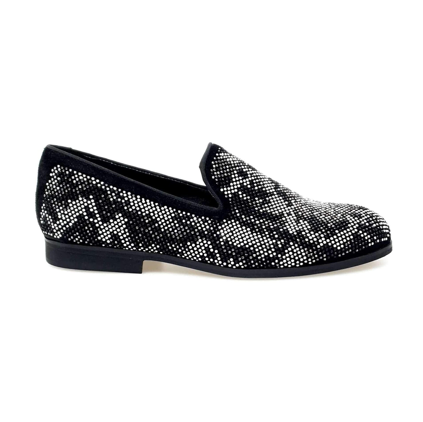 Scarpa mocassino uomo Viper Black Wishdance in camoscio nero con dettagli Swarovski bianchi e neri, fondo micro-light