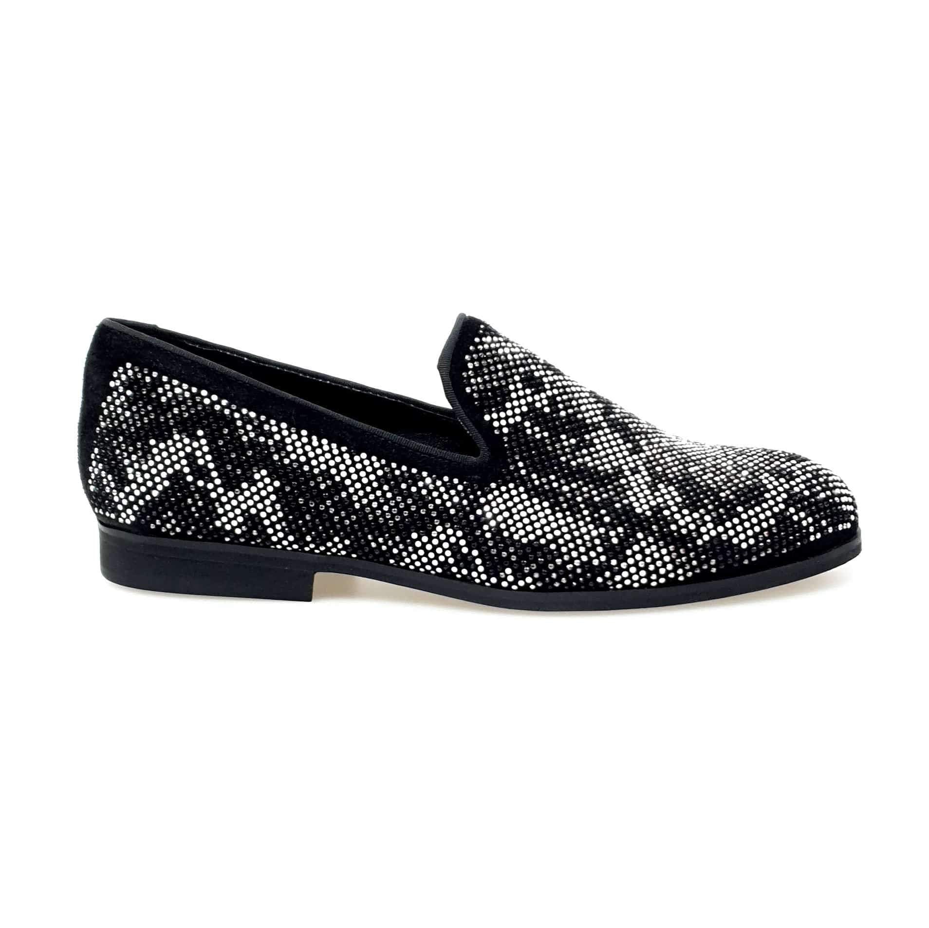 Scarpa mocassino uomo Viper Black Wishdance in camoscio nero con dettagli Swarovski bianchi e neri, fondo micro-light