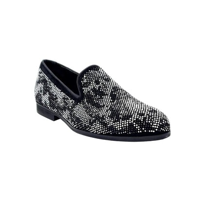 Mocassino uomo Wishdance Viper Black in camoscio nero con dettagli Swarovski, suola micro-light bianca e nera.